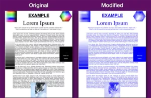 two pdf images -- a before and after side by side comparison. The image on left has full color and black and white. An image of a cat and images of color wheels with all colors. Image on right has the same elements but all of them are various brightness levels of blue. No black or any other color remains. Only blues where there were elements and white where there was nothing.