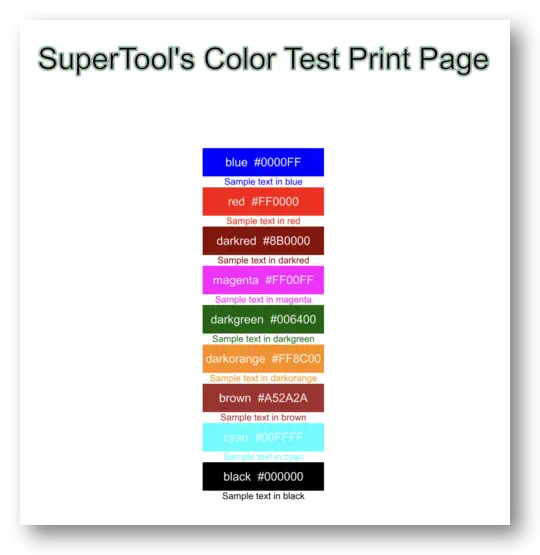 supertool's custom pdf color test shows swatches of blue, red, darkred and several other colors, along with the hex color codes and the labels on top.