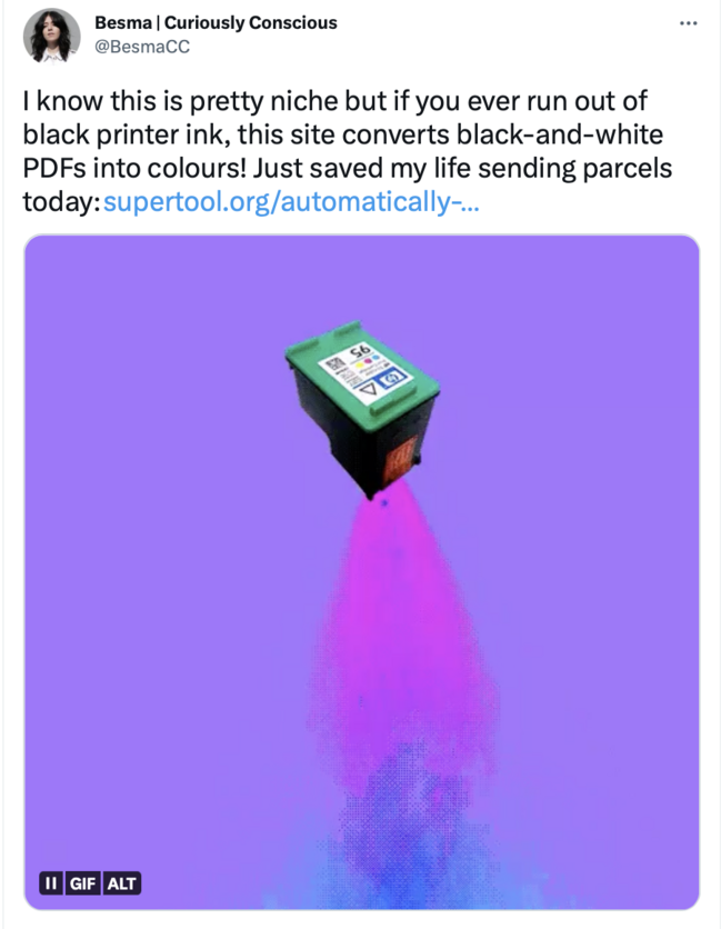 Twitter post showing color ink flowing out of an ink cartridge