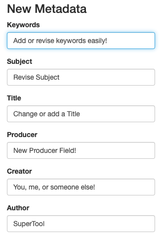 Add or revise PDF metadata example -- has fields for keywords, subject, title, producer, creator and author.