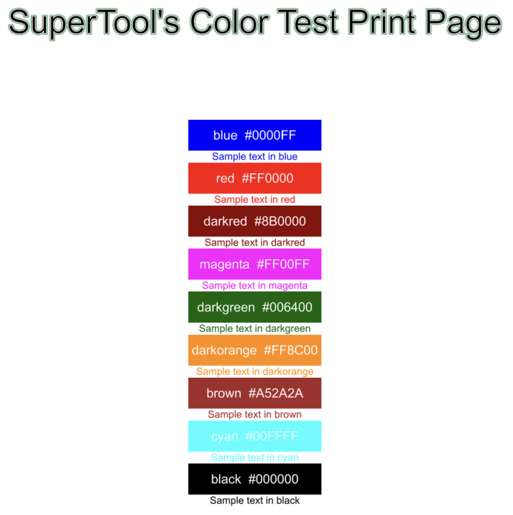 color test print page: color swatches, blocks, and text with default colors and hex codes for testing ink in printer cartridges
