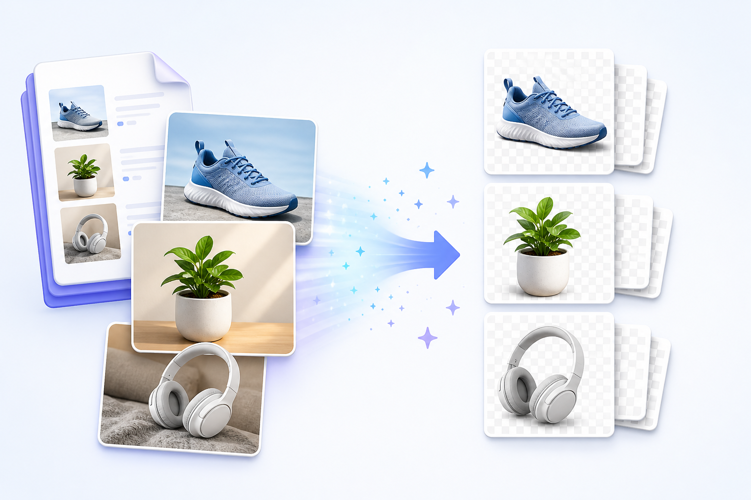 a shoe, plant, and headphone set with before and after the background is removed. The "removed" photos have checkboard backgrounds.