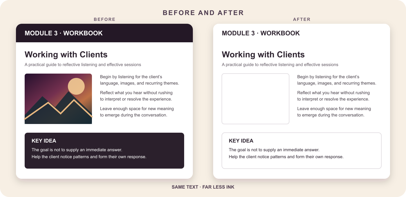 Before and after comparison of a color-heavy PDF changed into a lighter, printer-friendly copy.