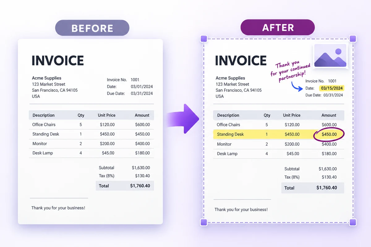 Before and after PDF showing added text, highlights, shapes, an image, and cropping.