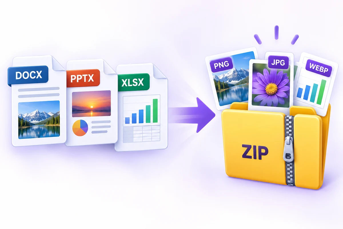 Images and charts are extracted from DOCX, PPTX, and XLSX files into a downloadable ZIP.