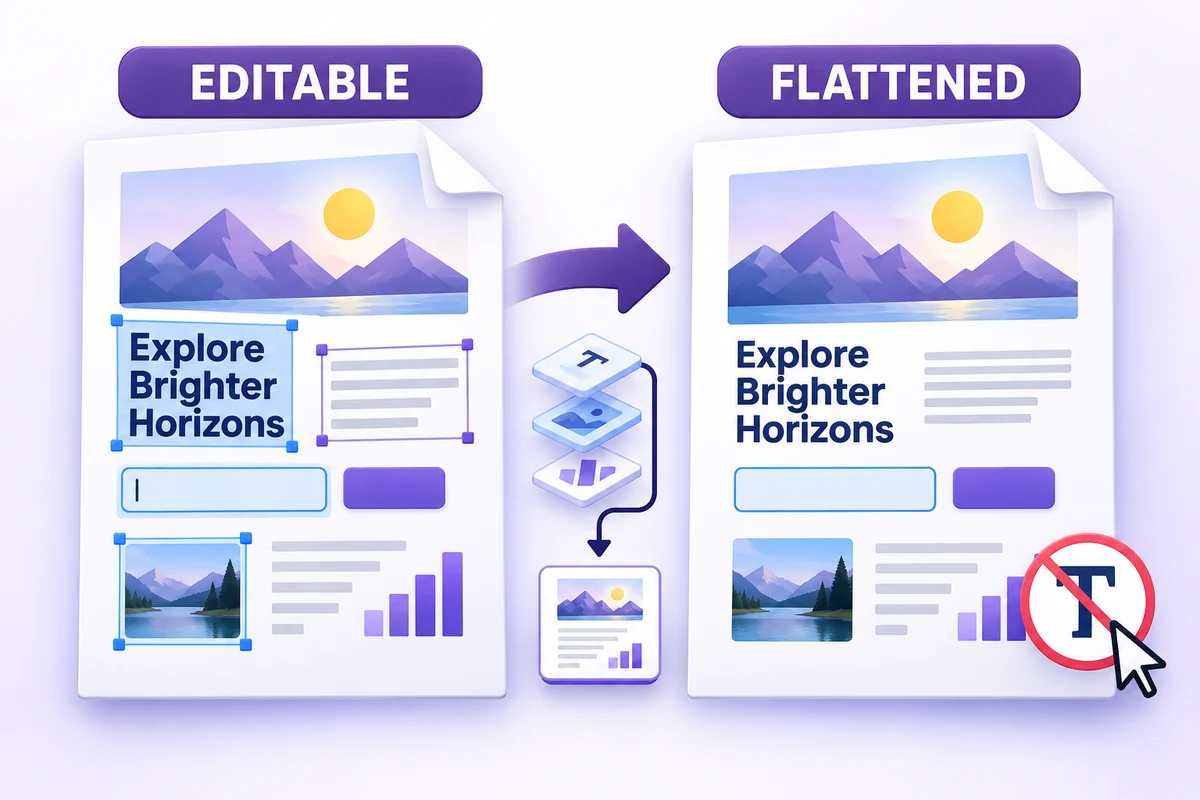 Editable PDF elements are flattened into one raster image layer per page.
