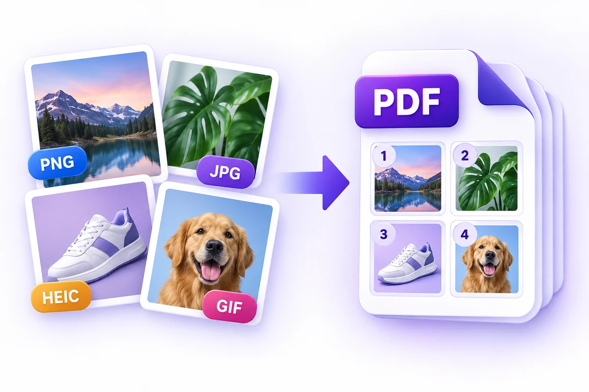 Multiple PNG, JPG, HEIC, and GIF images become one multipage PDF.