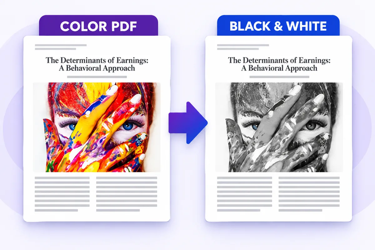 The same colorful PDF converted to a black-and-white grayscale version.