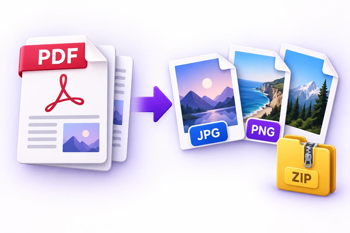 A multipage PDF becomes separate JPG or PNG images downloaded as a ZIP file.