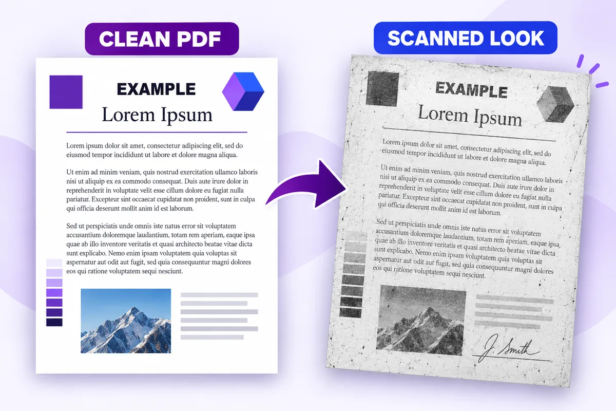 A clean PDF gains grayscale, skew, paper grain, dust, and a signature for a realistic scanned look.